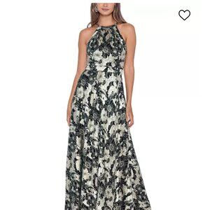Betsy & Adam Metallic Floral Halter Gown w/pockets